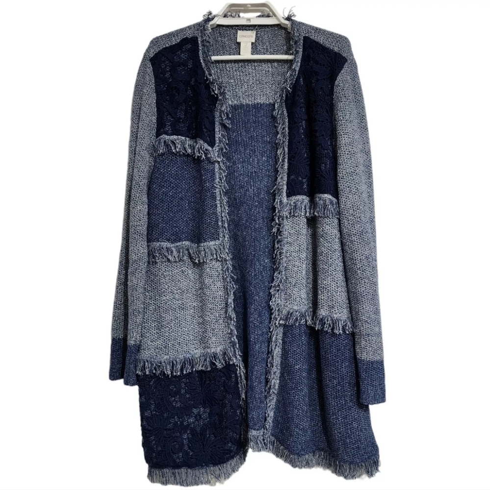 Chicos Denalia Cardigan Sweater Patchwork Longline Open Front Mixed Media Fringe